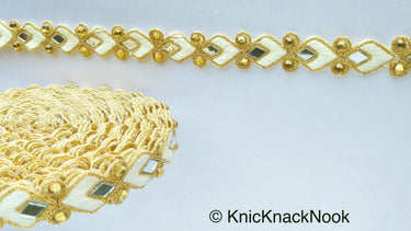 Off White And Gold Thread Lace Trim With Beads And Mirrors Embellishments Approx. 22mm, Decorative Fashion Trim Sari Border Trim by 9 Yards